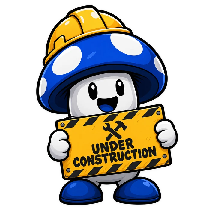 Upmush-paddenstoel met een bouwhelm en een 'under construction' bord